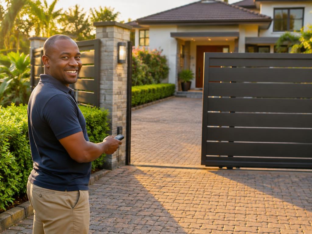 Happy homeowner opening his automated gate